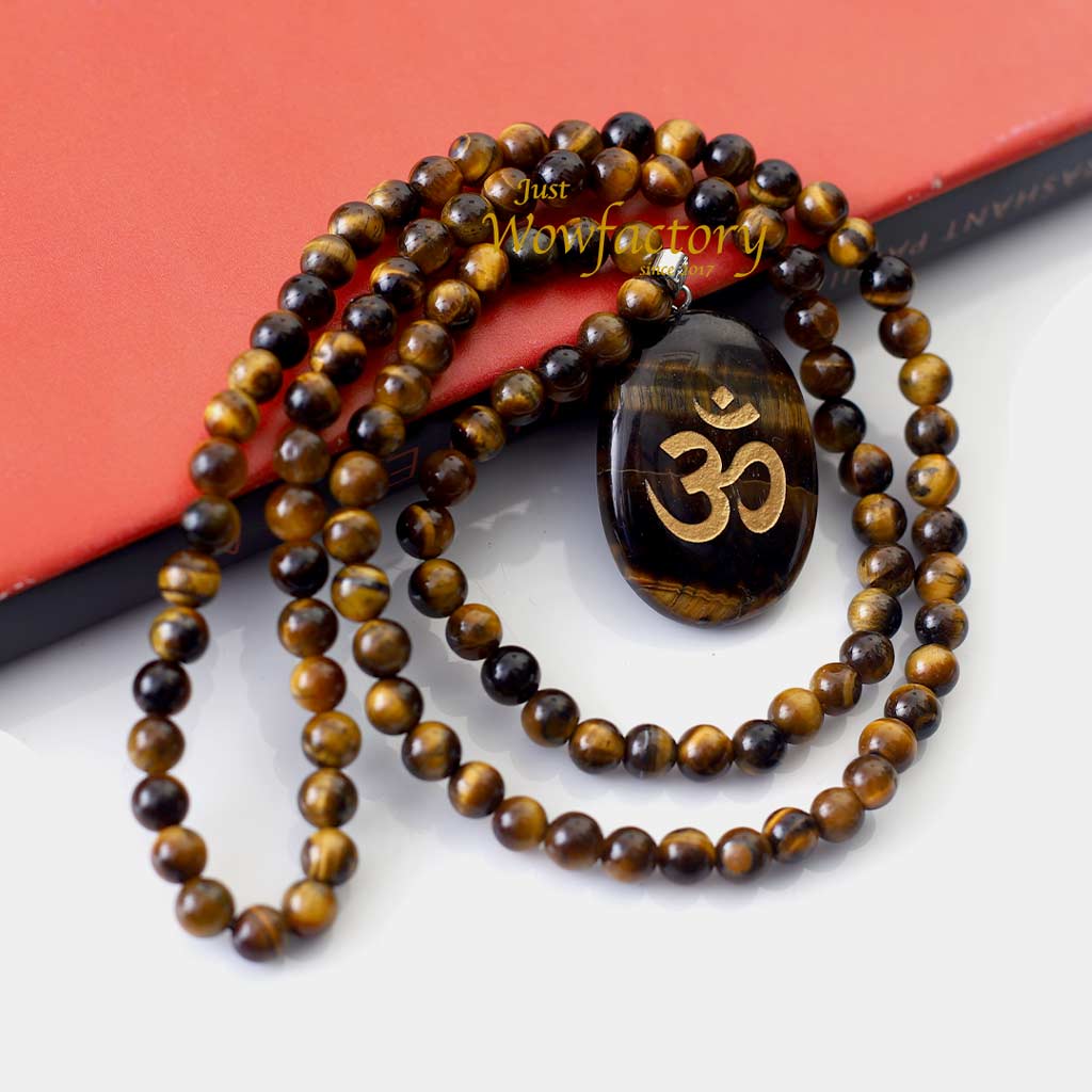 DIVINE 108 AUM CARVED TIGER'S EYE PENDANT MALA