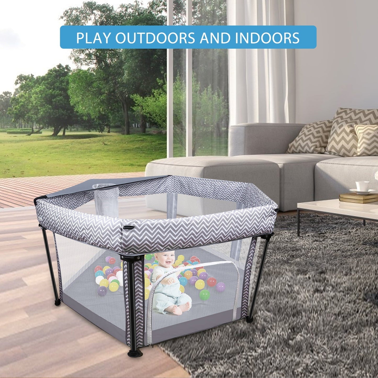 Hexaonal Baby Playpen with Round Zipper Door