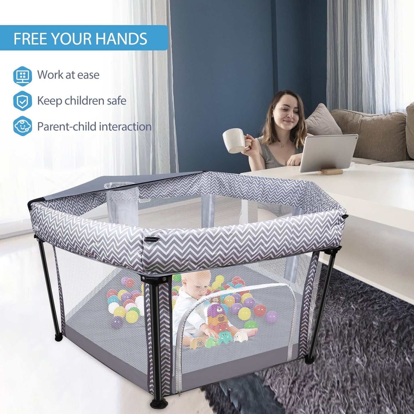 Hexaonal Baby Playpen with Round Zipper Door