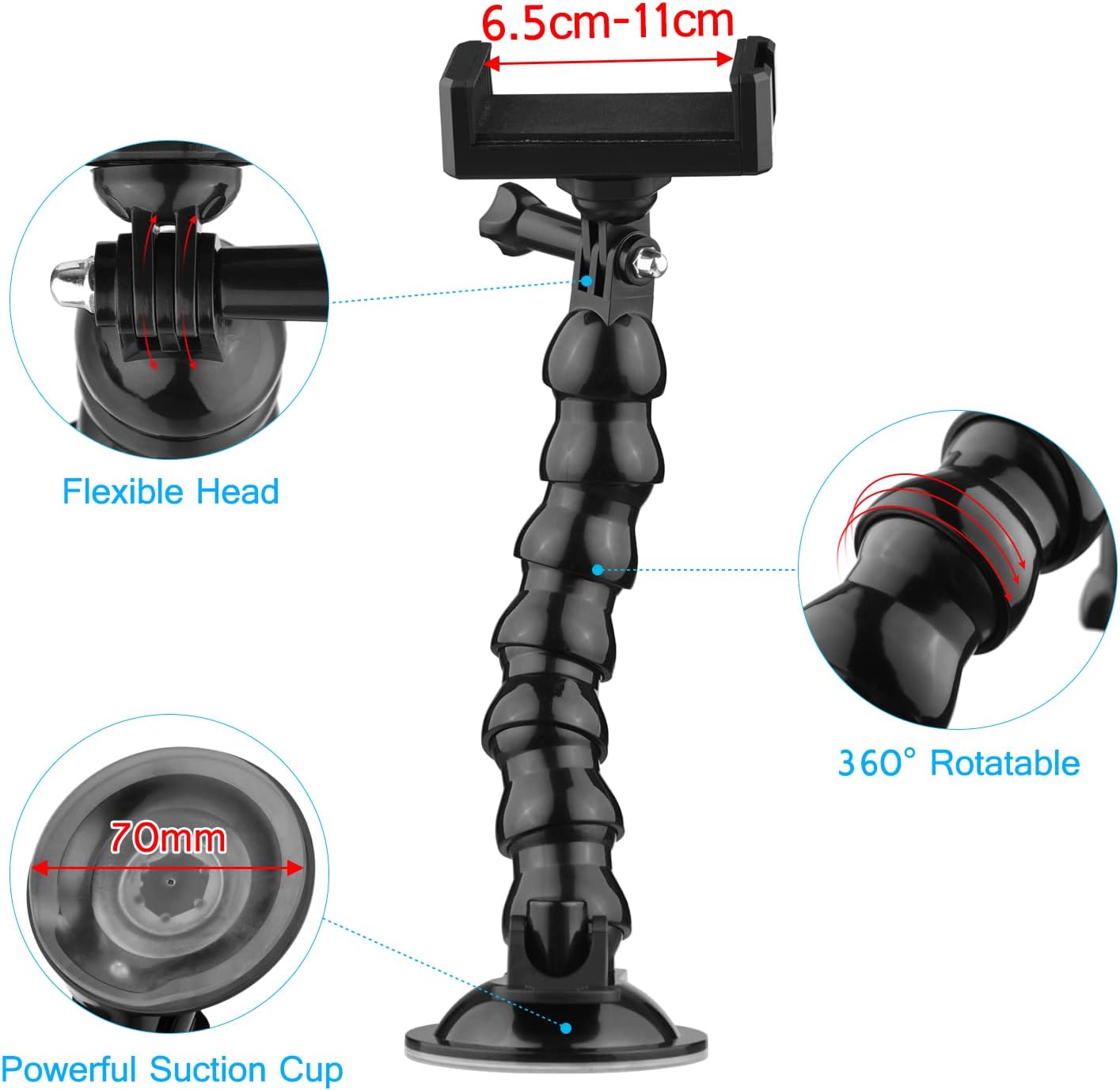 Flexible Suction Cup Mount Windshield Suction Cup Phone Mount Full angleRotatable