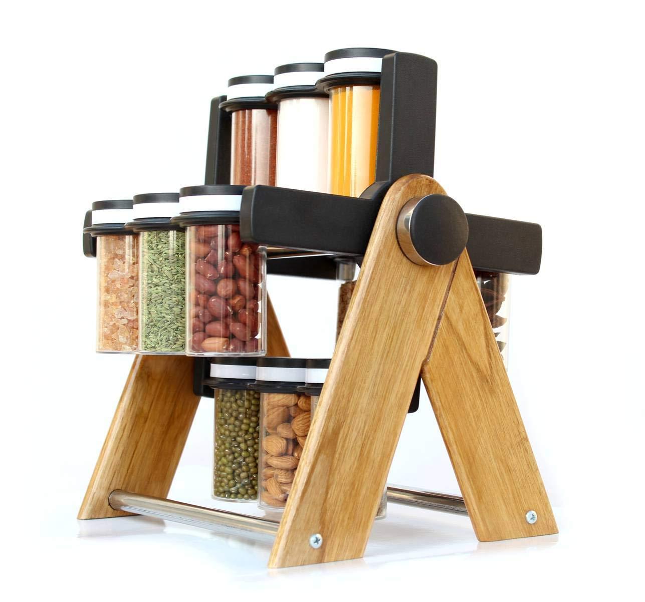 Wooden Revolving Spice Rack (Brown) (Set of 12)