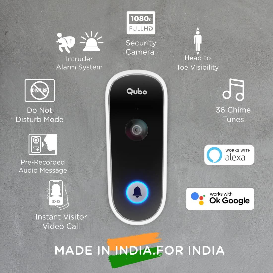 Qubo Smart WiFi Wireless Video Doorbell from Hero Group | Instant Visitor Video Call on Phone | Intruder Alarm System | 1080P FHD Camera | 2-Way Talk | Works with Alexa & Google | 36 Chime Tunes