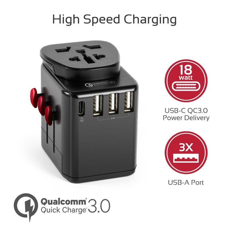 Tripmate - Travel Adapter with Re-settable Fuse & 30 Watt Output. Qualcomm 3.0 USB Type-C™ 18W Power Delivery Port